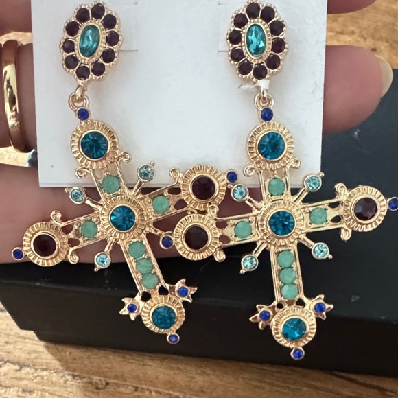 Jessica Simpson Gold and Blue Cross Earrings - Picture 2 of 3